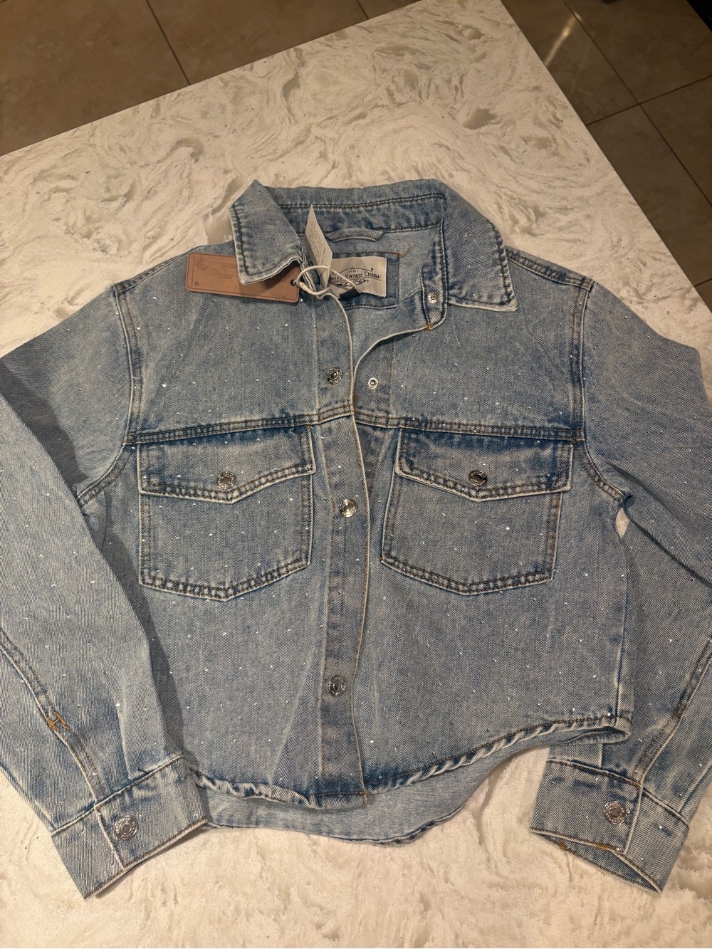 Light Blue Denim Jacket with Speckled Detail